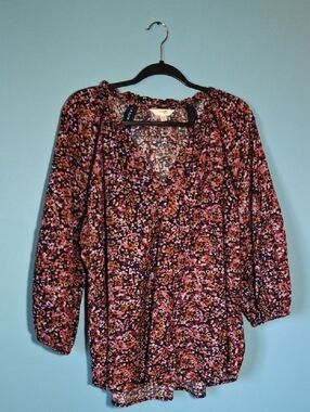 Terra & Sky Pink and Black Floral Peasant Blouse